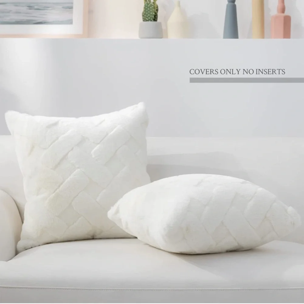 Set of 2 Faux Fur Pillow Covers  Super Soft Plush Fleece Throw Textured Knitted